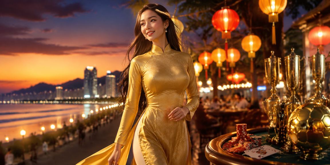 Người phụ nữ mặc áo dài tại Đà Nẵng tham gia game bài trực tuyến trên thiết bị cá nhân
